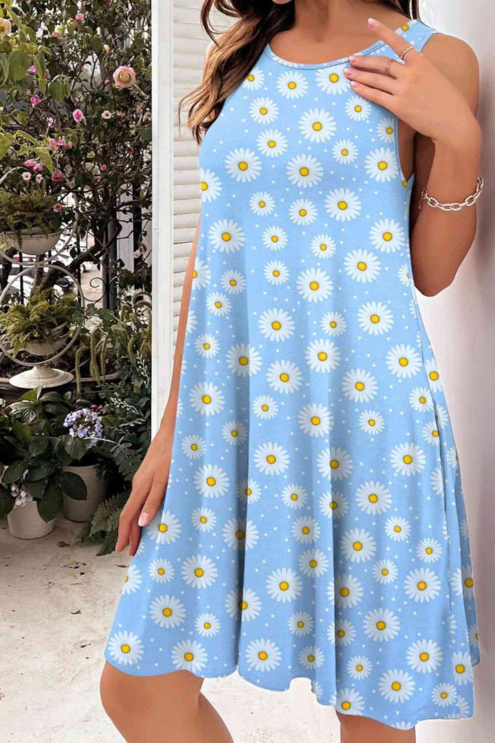 Printed Round Neck Sleeveless Dress |1mrk.com