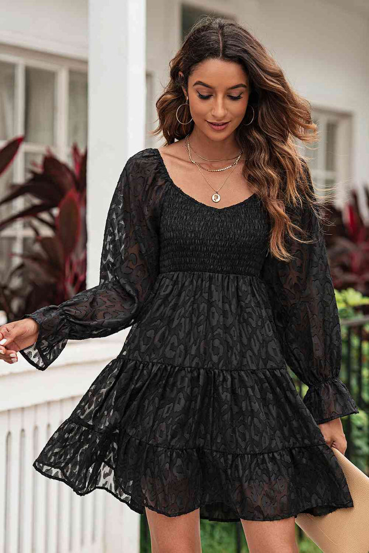 Leopard Applique Flounce Sleeve Smocked Tiered Dress |1mrk.com