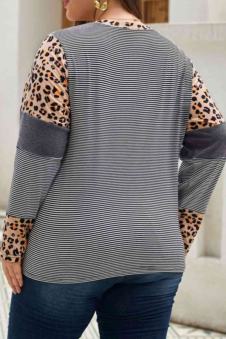 Plus Size Striped Round Neck Long Sleeve T-Shirt | 1mrk.com