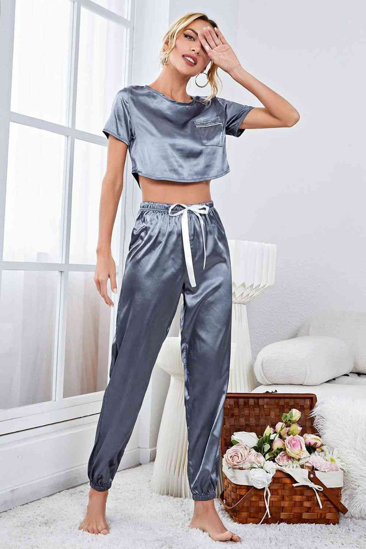 Satin Short Sleeve Crop Top and Joggers Lounge Set | 1mrk.com