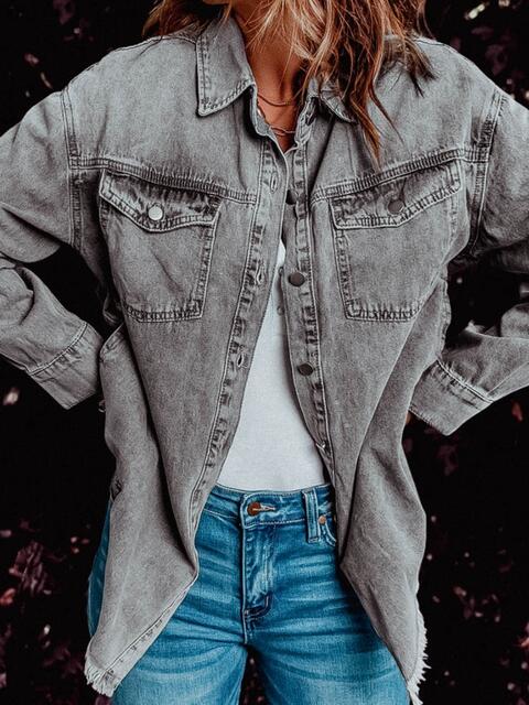 Frayed Hem Collared Denim Jacket | 1mrk.com