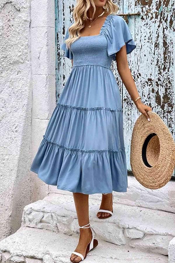 Smocked Square Neck Frill Trim Dress | 1mrk.com