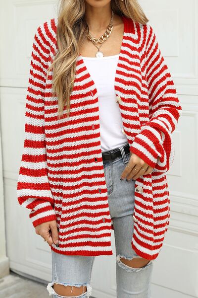 Striped Button Up Long Sleeve Cardigan |1mrk.com