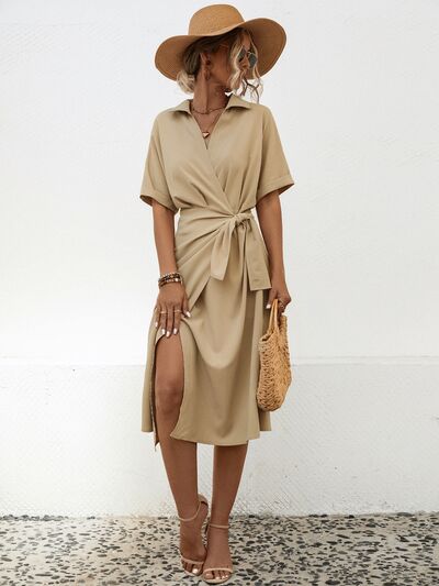 Tied Slit Short Sleeve Dress |1mrk.com