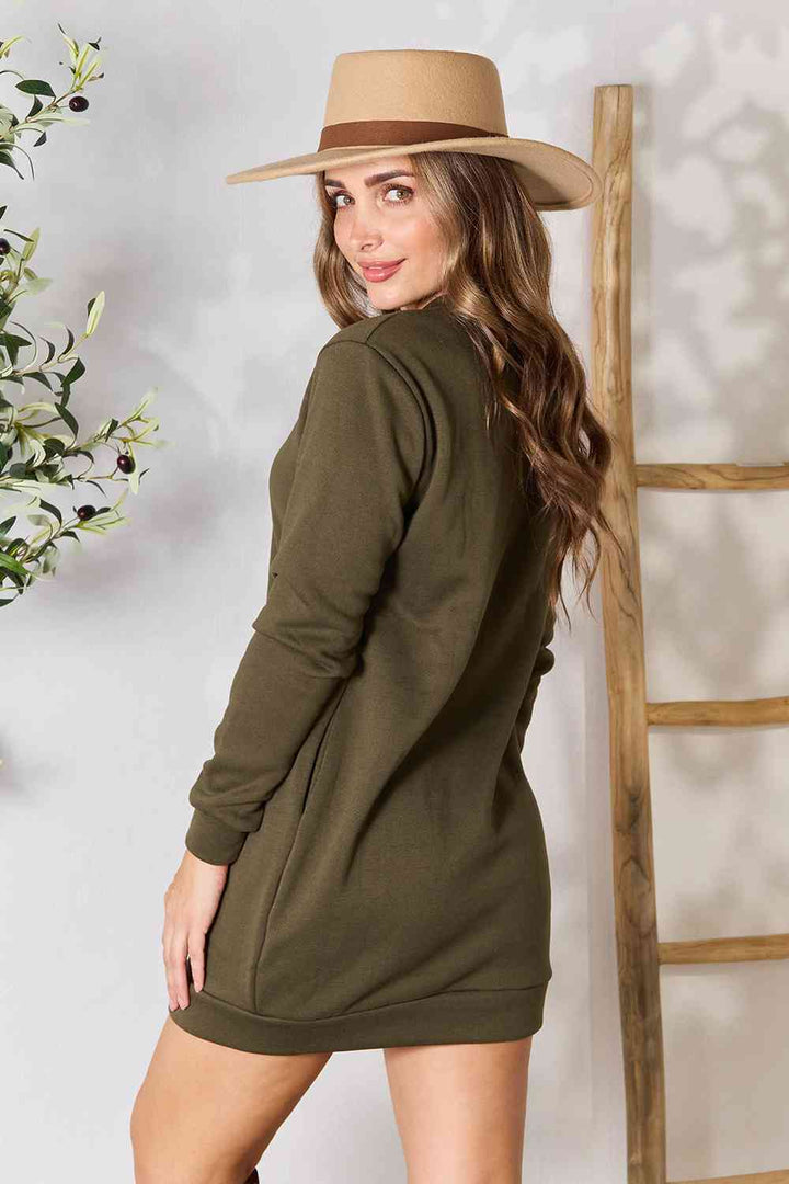 Double Take Round Neck Long Sleeve Mini Dress with Pockets | 1mrk.com