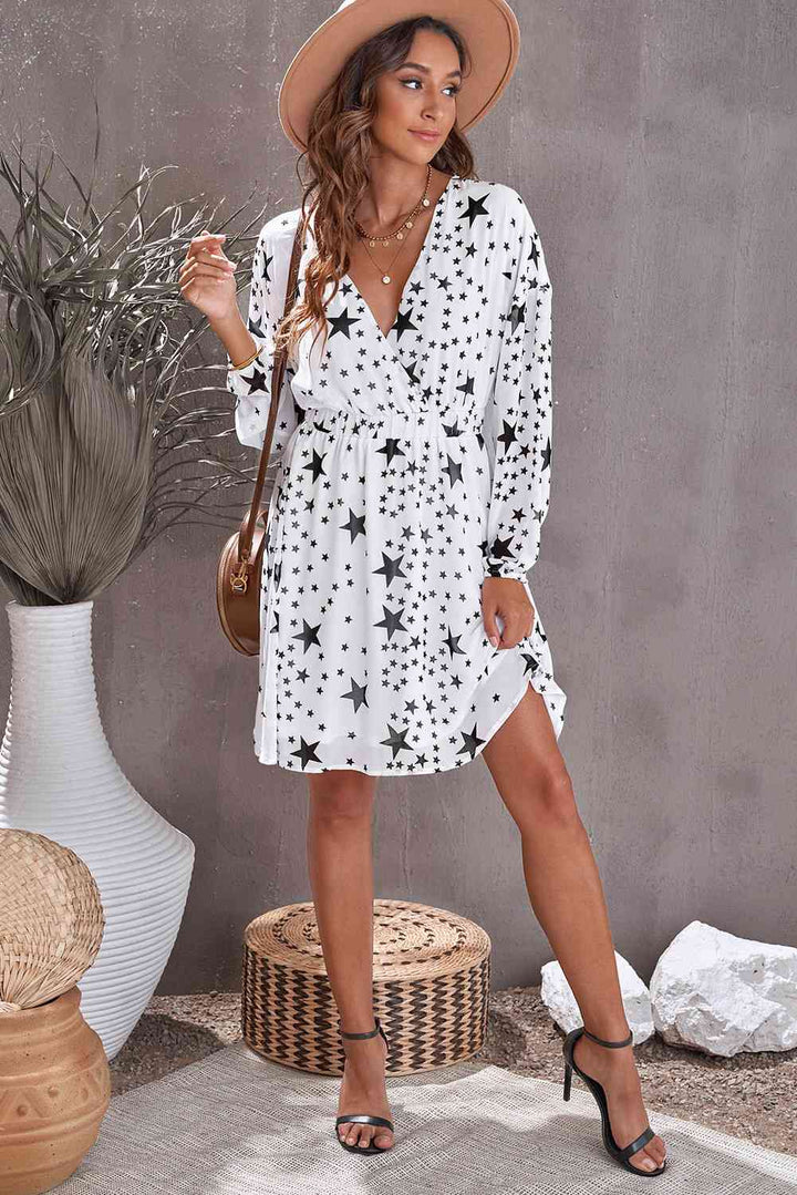 Star Print Dropped Shoulder Surplice Dress | 1mrk.com