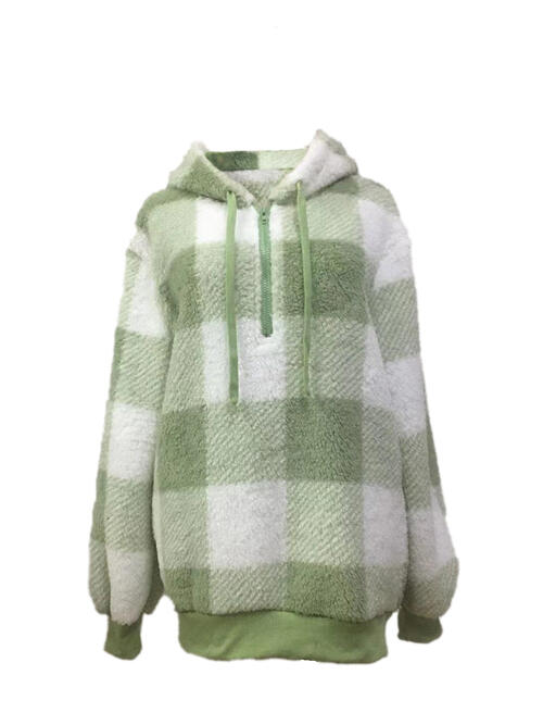 Plaid Half Zip Drawstring Hoodie | 1mrk.com