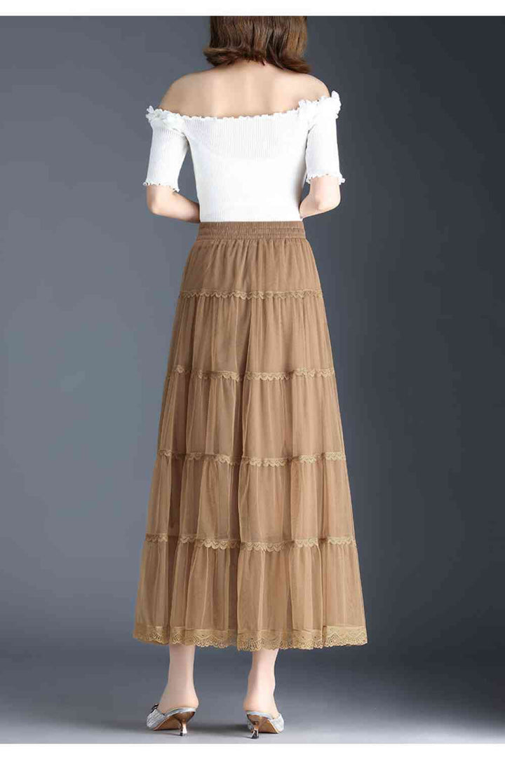 Smocked Lace Trim Midi Skirt |1mrk.com