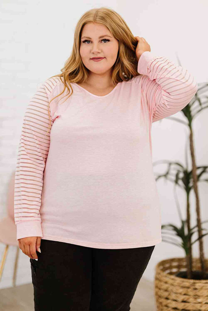 Plus Size Sheer Striped Sleeve V-Neck Top | 1mrk.com