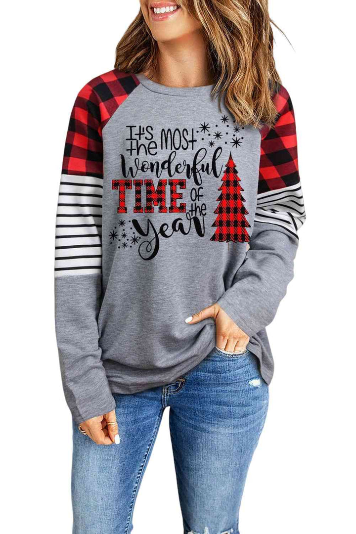 Christmas Mixed Print Letter Graphic Raglan Sleeve Top | 1mrk.com