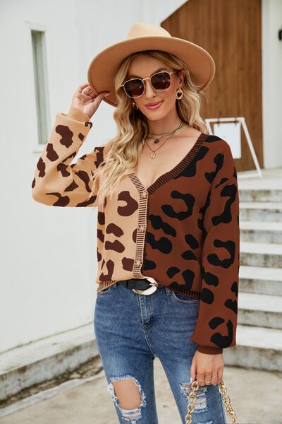 Leopard Button Up Dropped Shoulder Cardigan |1mrk.com