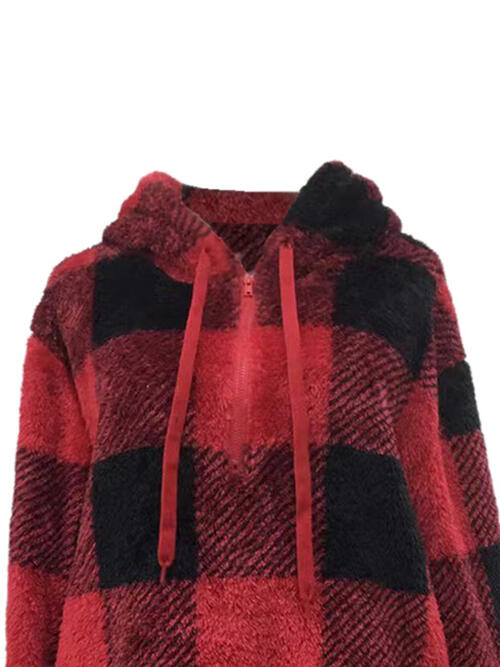 Plaid Half Zip Drawstring Hoodie | 1mrk.com