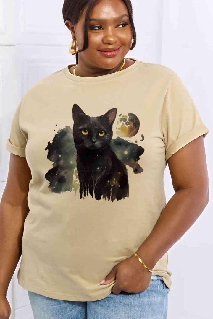 Simply Love Full Size Black Cat Graphic Cotton Tee | 1mrk.com