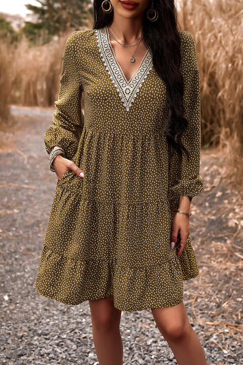 Lace Trim V-Neck Long Sleeve Dress |1mrk.com