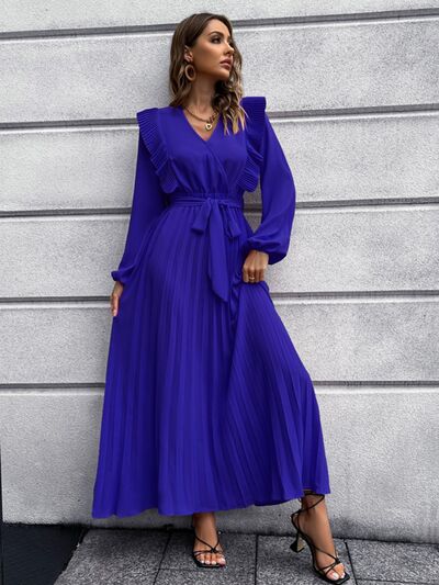 Pleated Surplice Tie Waist Maxi Dress |1mrk.com