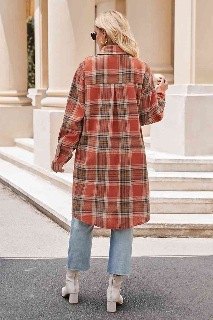 Plaid Collared Neck Long Sleeve Coat |1mrk.com