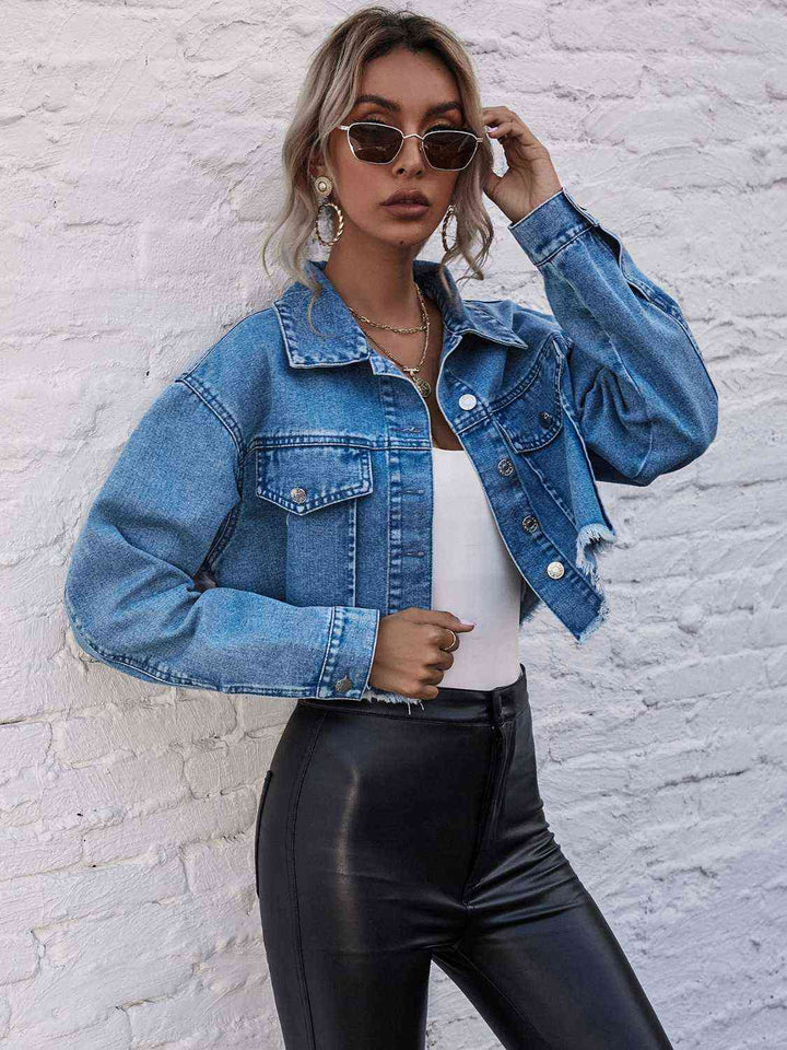 Raw Hem Collared Neck Denim Jacket | 1mrk.com