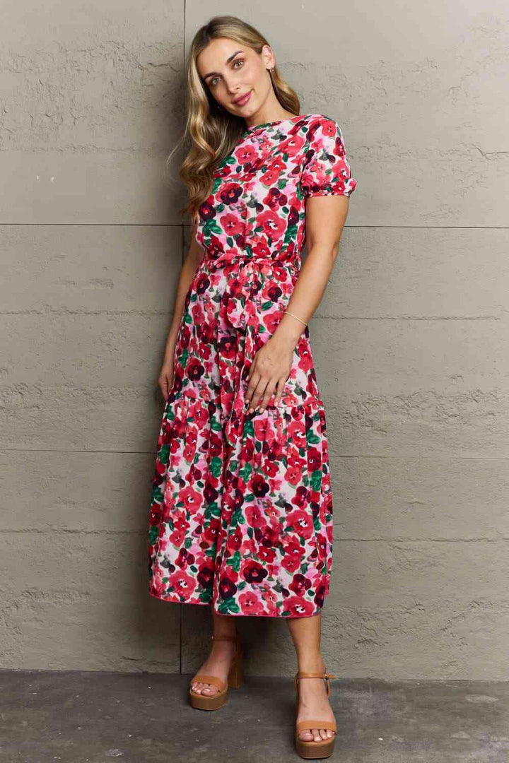 Full Size Belted Surplice Short Sleeve Midi Dress |1mrk.com