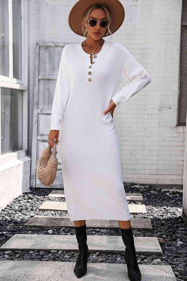 Notched Neck Dropped Shoulder Button-Down Midi Dress | 1mrk.com