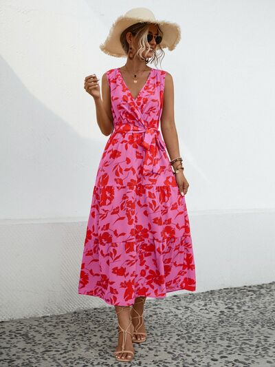 Tied Printed Surplice Tiered Dress |1mrk.com