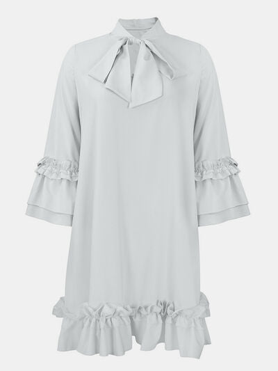 Frill Tie Neck Three-Quarter Sleeve Dress |1mrk.com