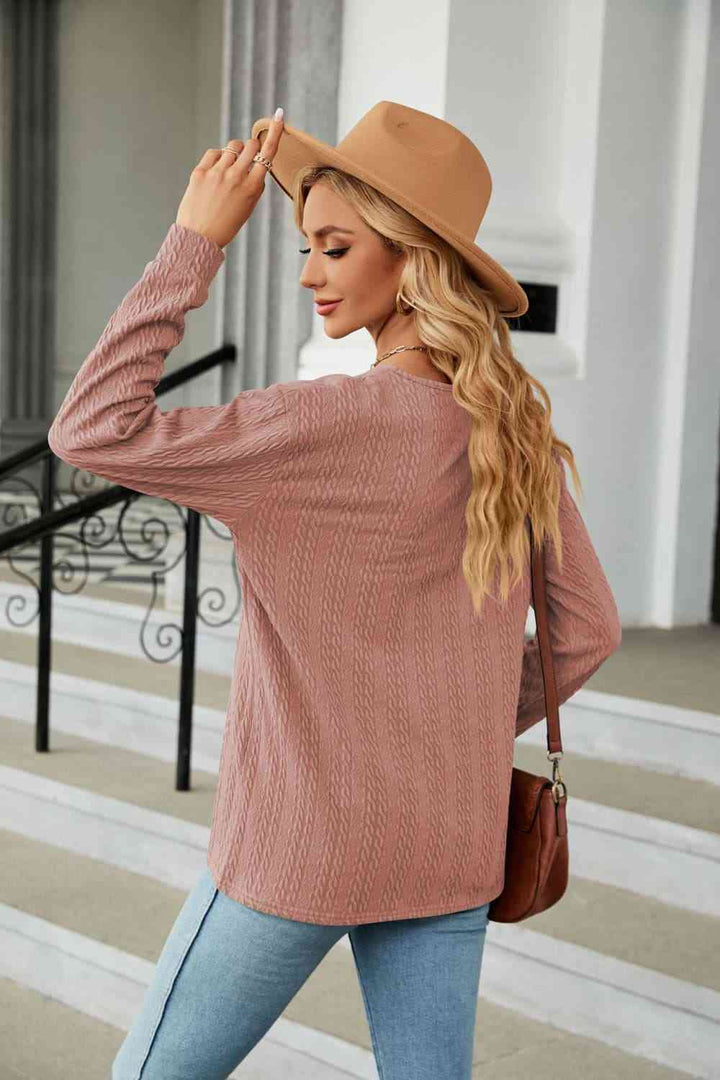 Decorative Button V-Neck Long Sleeve T-Shirt | 1mrk.com