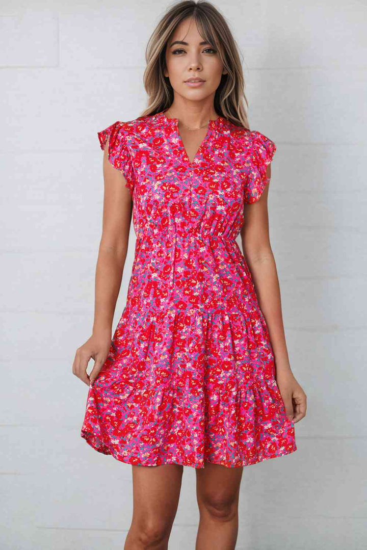 Floral Print Notched Neck Cap Sleeve Mini Dress |1mrk.com