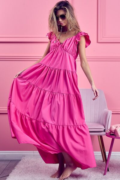 BiBi Tiered Ruffled Cap Sleeve Maxi Dress |1mrk.com