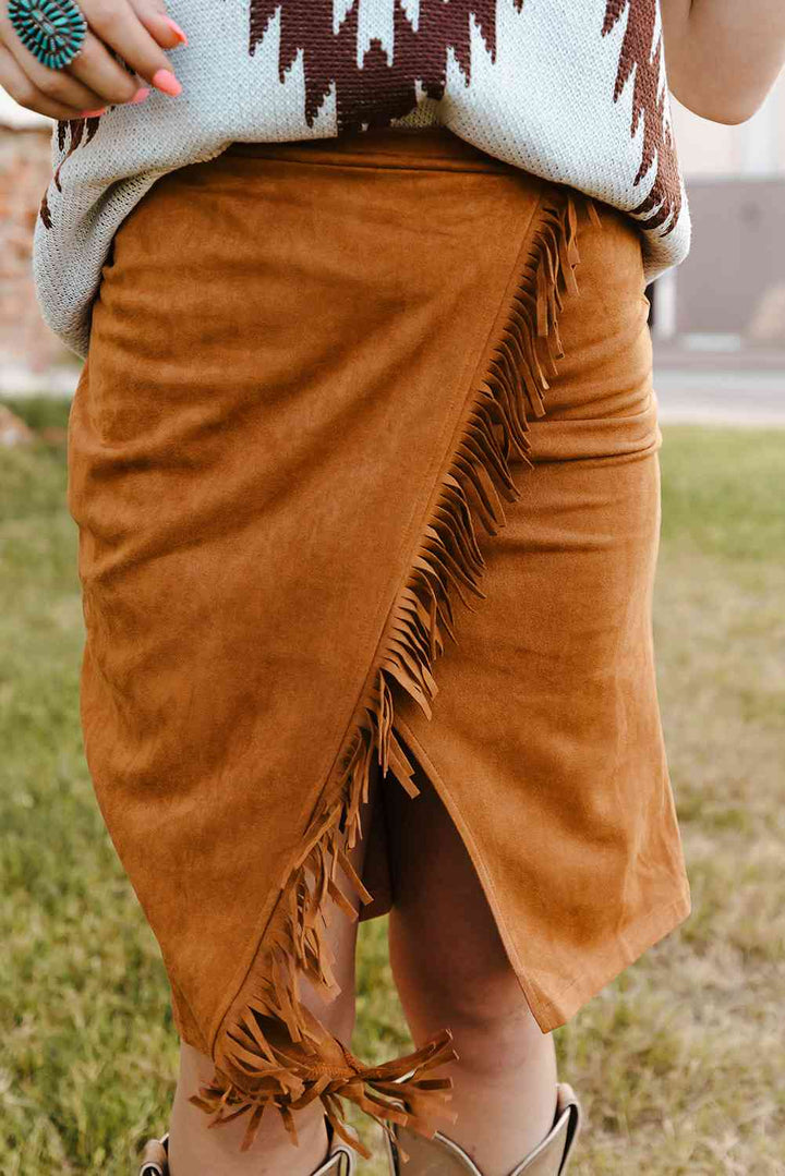 Double Take Fringe Trim Wrap Skirt |1mrk.com