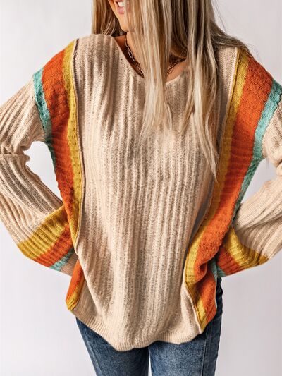 Striped Round Neck Long Sleeve Sweater | Trendsi