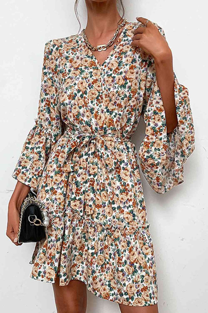 Floral Belted Flare Sleeve V-Neck Dress |1mrk.com