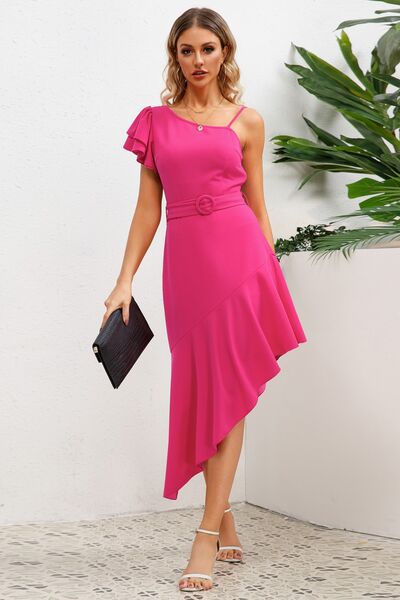 Ruffled Asymmetrical Neck Flutter Sleeve Dress |1mrk.com