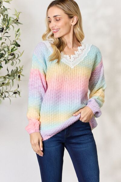 BiBi Rainbow Gradient Crochet Deetail Sweater |1mrk.com