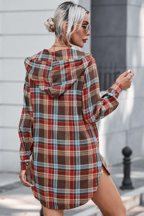 Plaid Drawstring Long Sleeve Hooded Dress with Pocket |1mrk.com