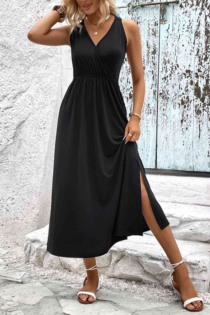 Surplice Neck Slit Sleeveless Dress |1mrk.com