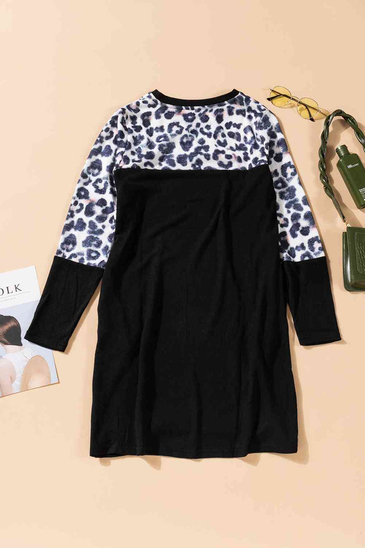 Leopard Spliced Round Neck Dress |1mrk.com