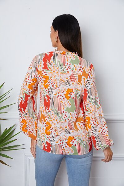 Floral Frill Notched Long Sleeve Blouse | 1mrk.com