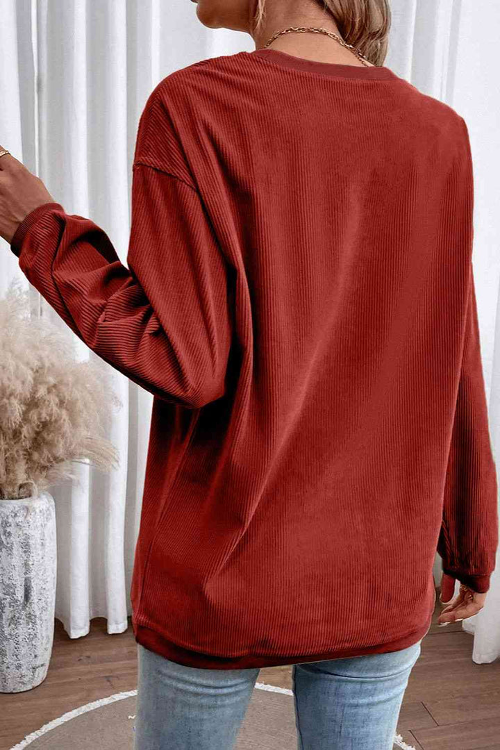 Ribbed Round Neck Drop Shoulder Sweatshirt |1mrk.com