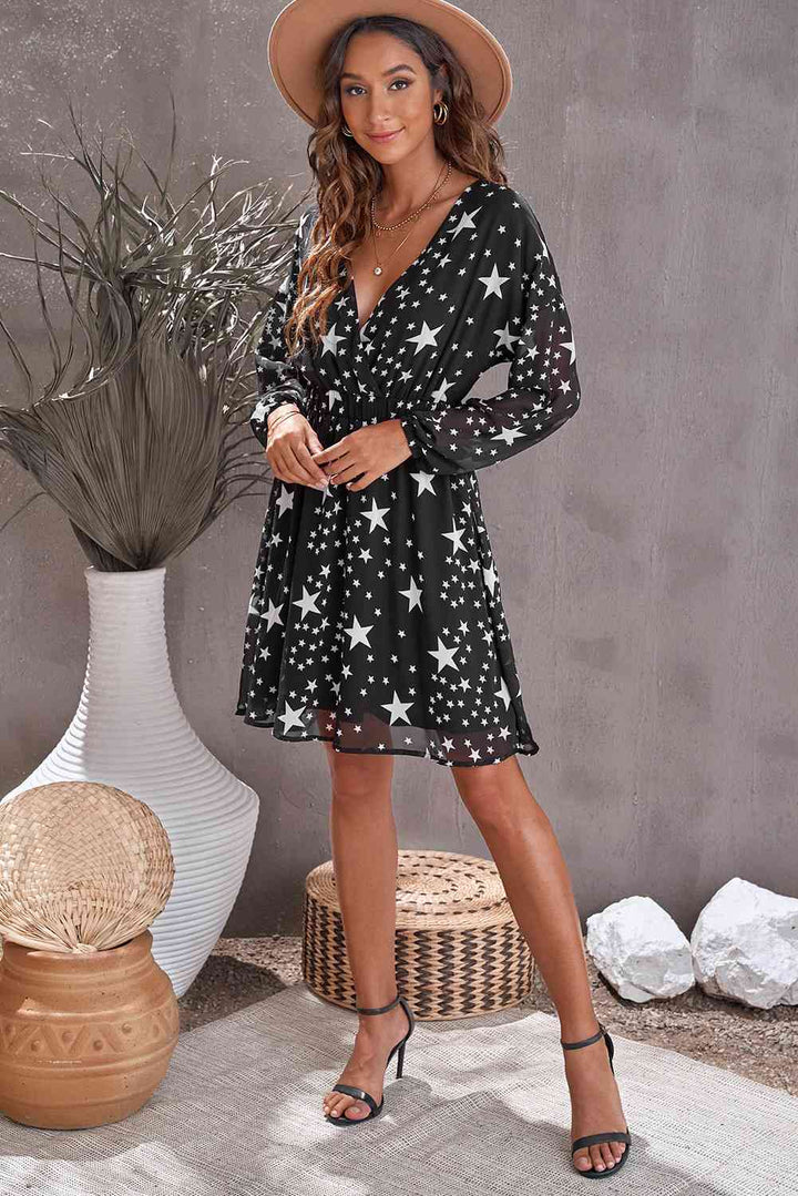 Star Print Dropped Shoulder Surplice Dress | 1mrk.com