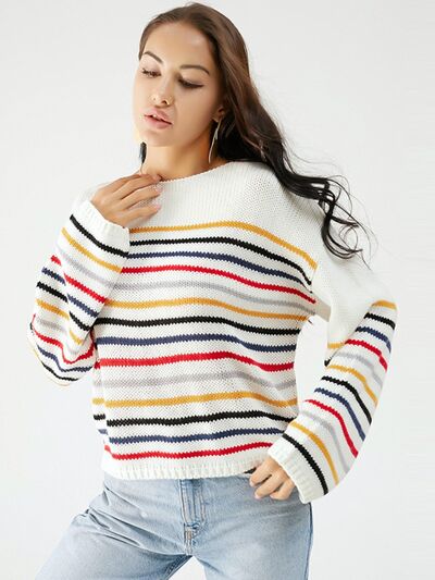 Striped Round Neck Dropped Shoulder Sweater |1mrk.com