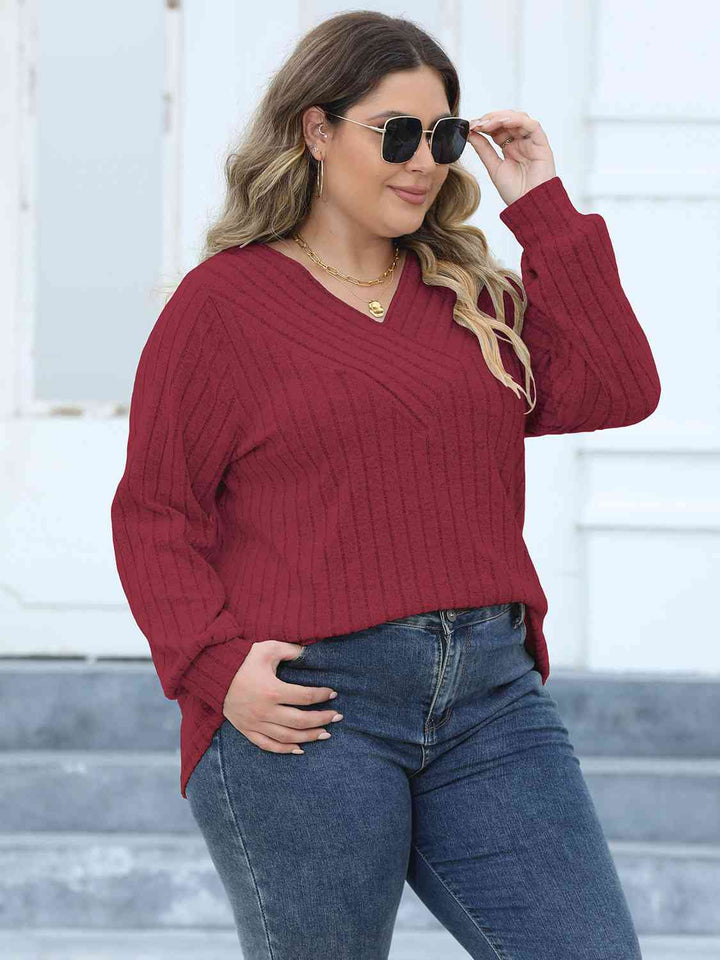 Plus Size Ribbed V-Neck Long Sleeve Top | 1mrk.com