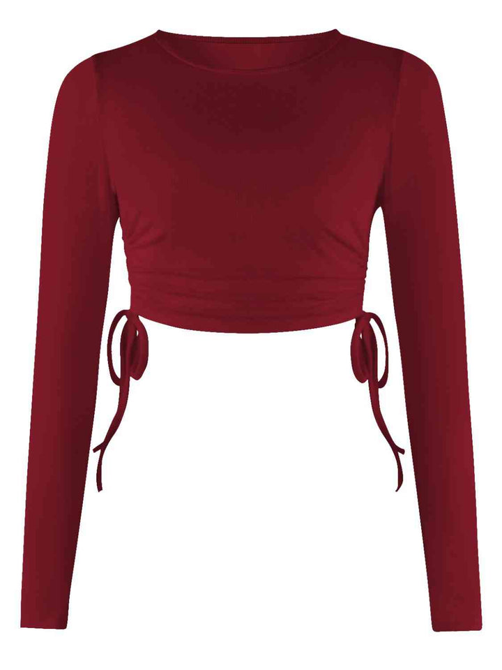 Drawstring Round Neck Long Sleeve Top | 1mrk.com