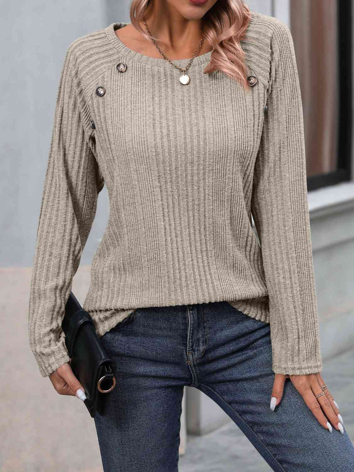 Ribbed Buttoned Round Neck Long Sleeve T-Shirt | 1mrk.com