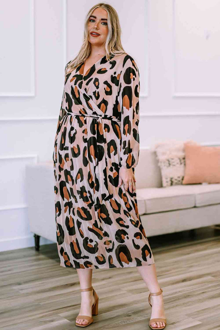 Plus Size Leopard Print Surplice Neck Long Sleeve Midi Dress |1mrk.com