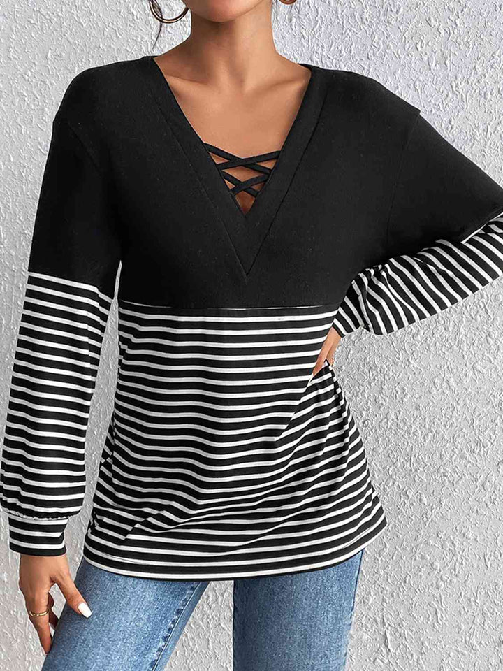 Striped Crisscross V-Neck Long Sleeve T-Shirt | 1mrk.com