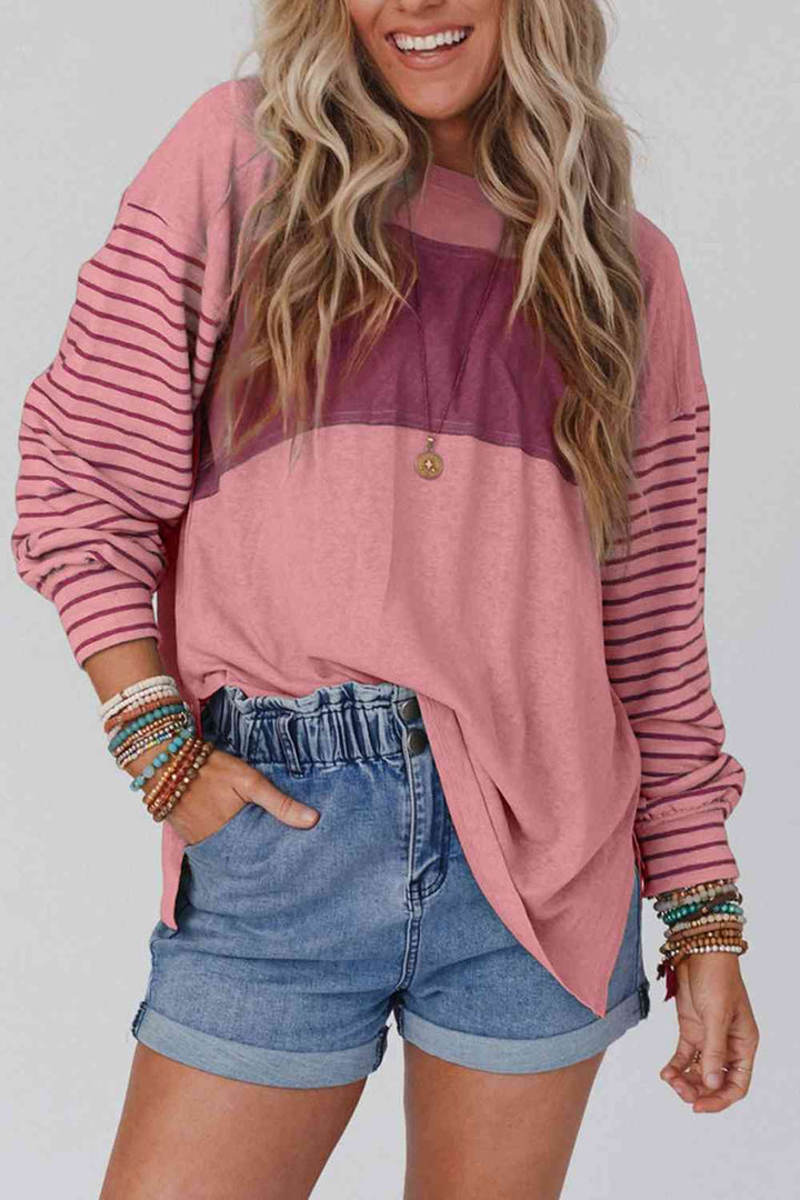 Striped Round Neck Long Sleeve T-Shirt | 1mrk.com