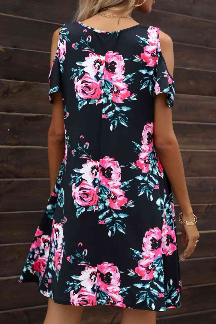 Floral Round Neck Cold-Shoulder Dress |1mrk.com