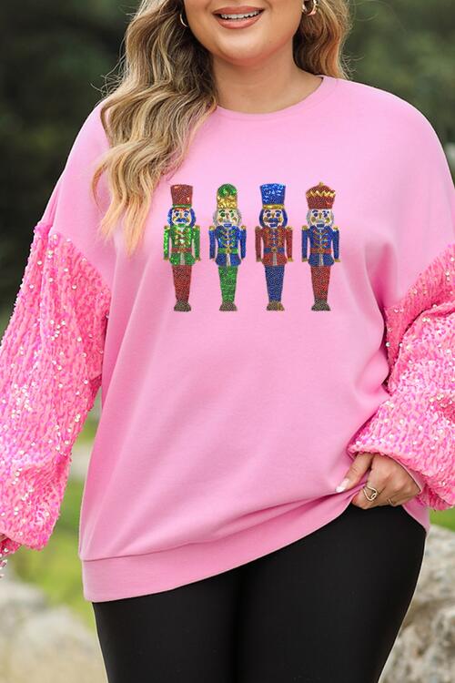 Plus Size Sequin Nutcracker Long Sleeve Sweatshirt |1mrk.com