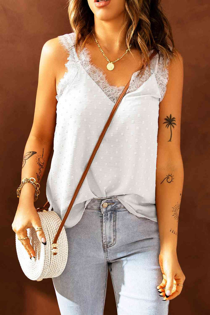 Swiss Dot Lace Trim V-Neck Tank | 1mrk.com