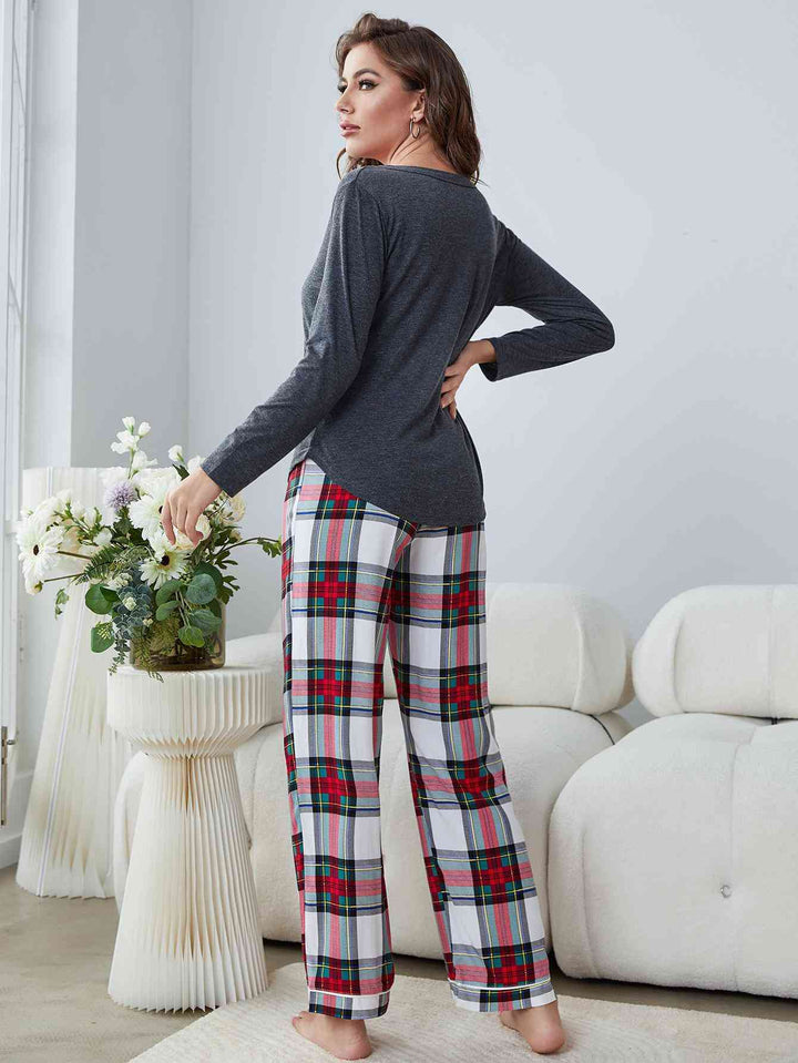 Buttoned Long Sleeve Top and Plaid Pants Lounge Set | 1mrk.com